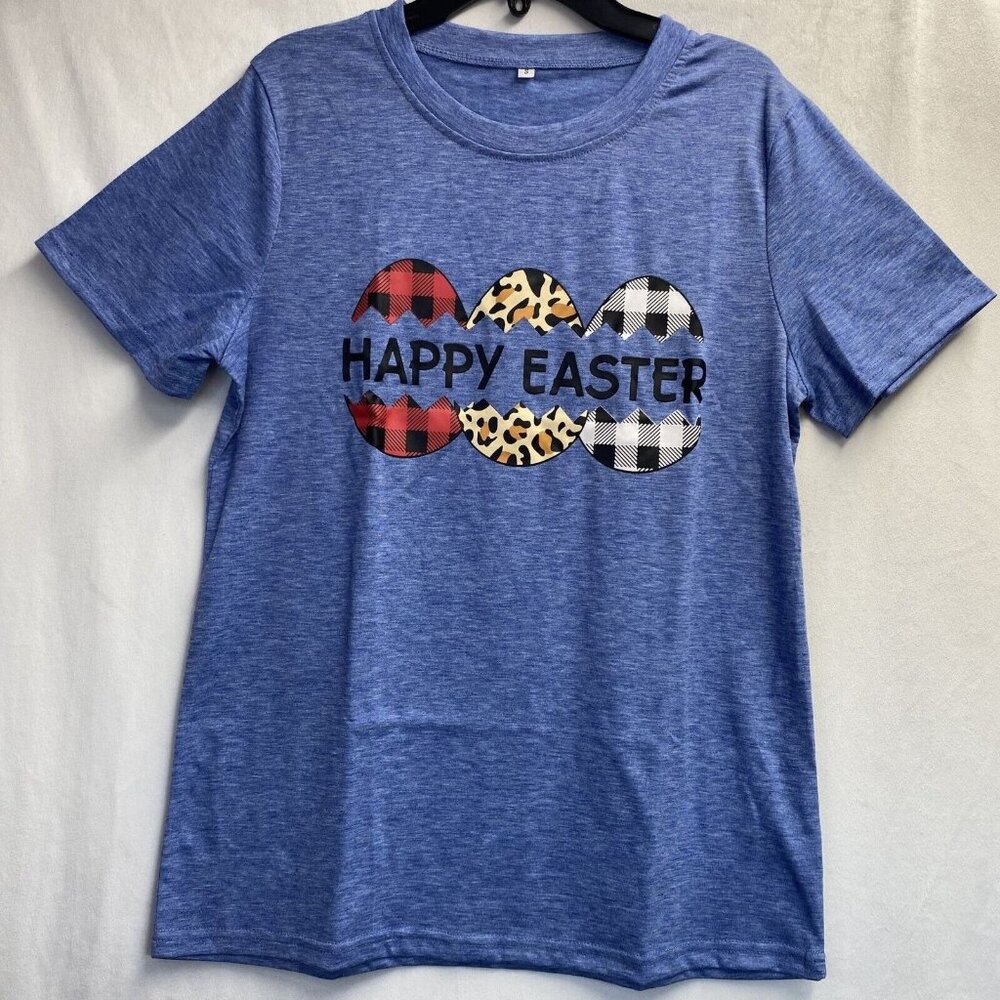 Happy Easter Eggs Graphic Print T-Shirt Short Sleeve Women Small Blue Crewneck